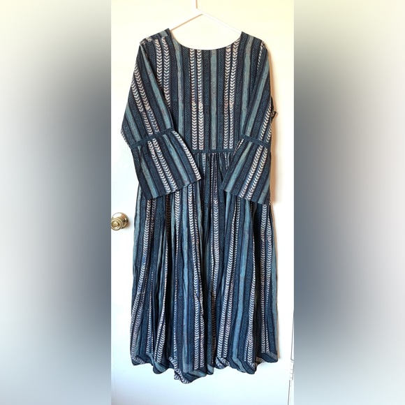 Anokhi blue striped block print bell sleeve maxi dress, 100% cotton size XL - Picture 5 of 11